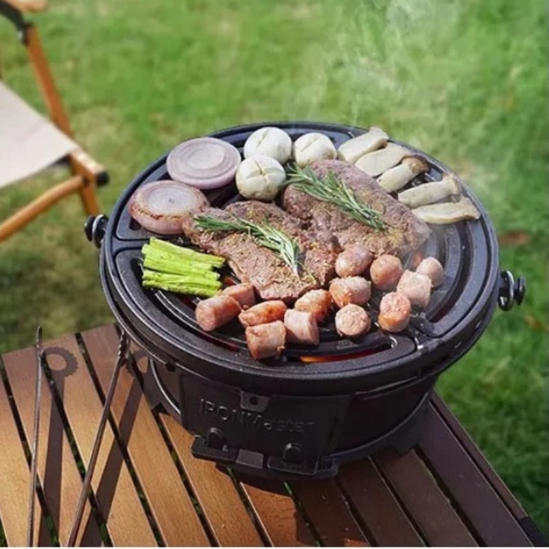 Round Charcoal Grill, Food-Saf - Camping Cooking Cast Iron ulasan dan harga