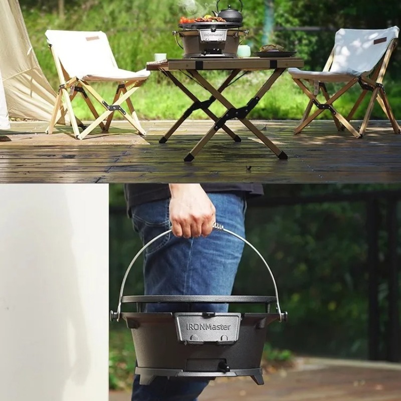 Round Charcoal Grill, Food-Saf - Camping Cooking Cast Iron ulasan dan harga